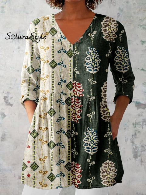 Women’s Elegant Floral Motion Round Neck Cotton and Linen Top Green / S