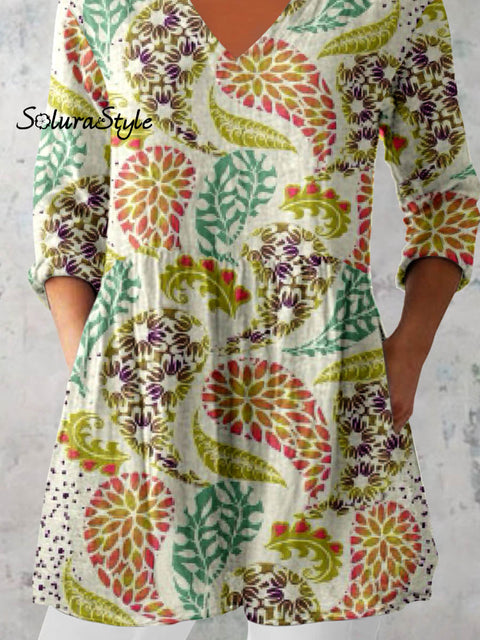 Women’s Elegant Floral Pattern Cotton and Linen Top