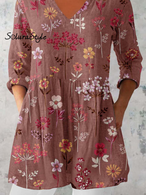 Women’s Elegant Floral Pattern Cotton and Linen Top