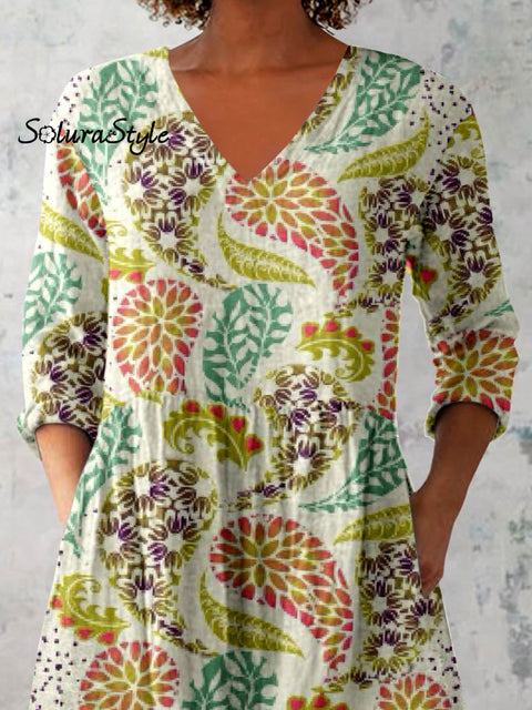 Women’s Elegant Floral Pattern Cotton and Linen Top