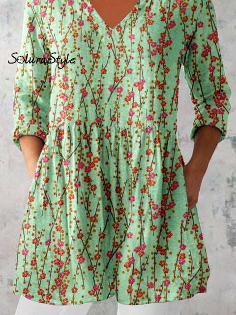 Women’s Elegant Floral Pattern Cotton and Linen Top