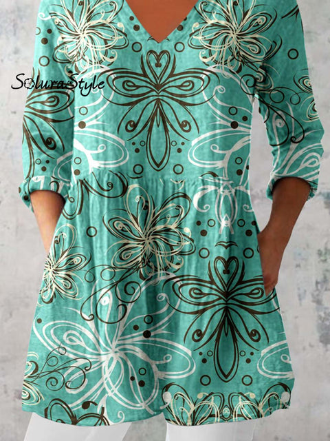 Women’s Elegant Floral Pattern Cotton and Linen Top
