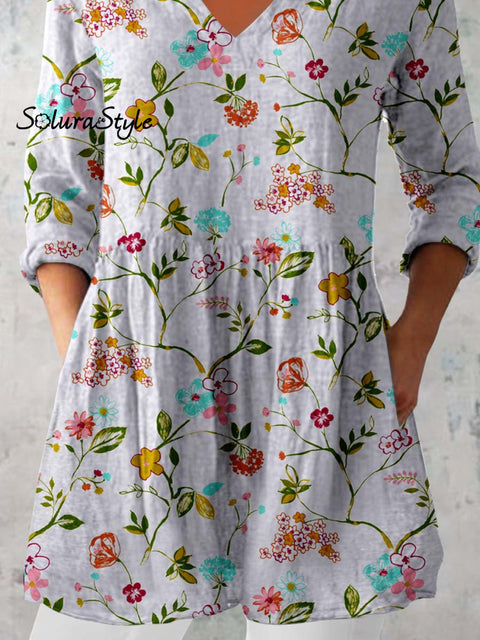 Women’s Elegant Floral Pattern Cotton and Linen Top