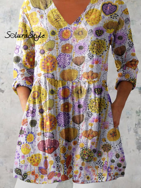 Women’s Elegant Floral Pattern Cotton and Linen Top