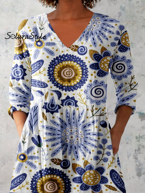 Women’s Elegant Floral Pattern Cotton and Linen Top