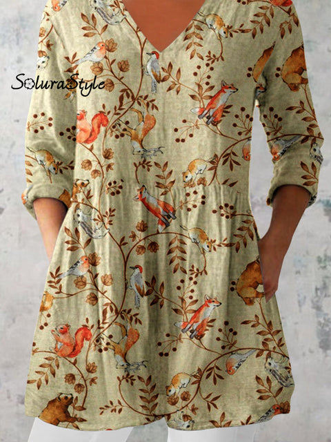 Women’s Elegant Floral Pattern Cotton and Linen Top