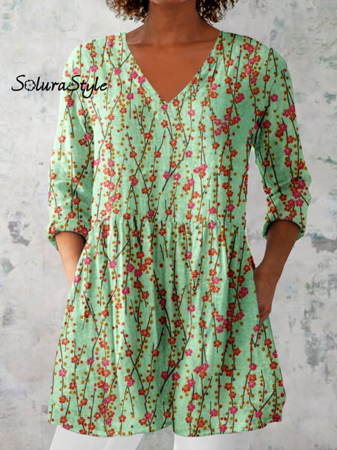 Women’s Elegant Floral Pattern Cotton and Linen Top Green / S