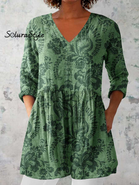 Women’s Elegant Floral Pattern Cotton and Linen Top Green / S