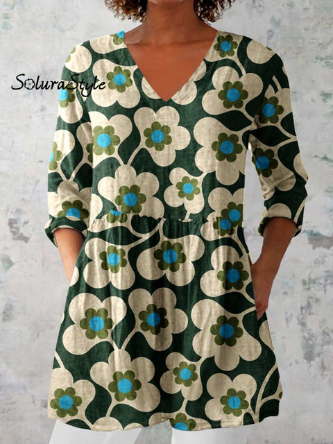 Women’s Elegant Floral Pattern Cotton and Linen Top Green / S