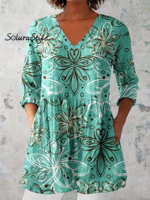 Women’s Elegant Floral Pattern Cotton and Linen Top Green / S