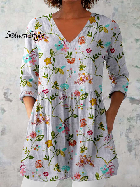 Women’s Elegant Floral Pattern Cotton and Linen Top Grey / S