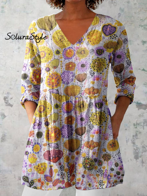 Women’s Elegant Floral Pattern Cotton and Linen Top Multicolor / S