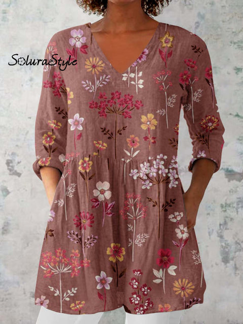 Women’s Elegant Floral Pattern Cotton and Linen Top Red / S