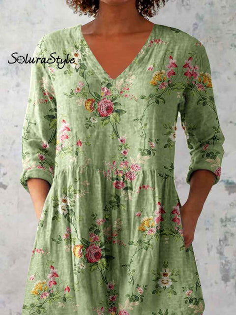 Women’s Elegant Floral Pattern Round Neck Cotton and Linen Top