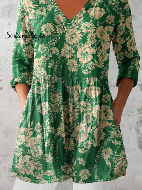 Women’s Elegant Floral Pattern Round Neck Cotton and Linen Top
