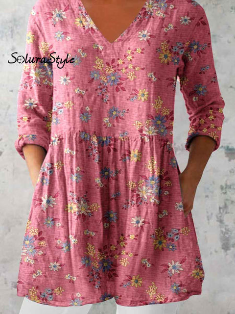 Women’s Elegant Floral Pattern Round Neck Cotton and Linen Top