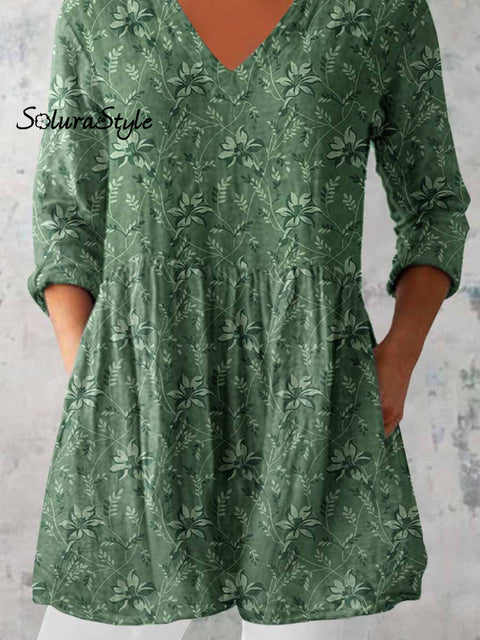 Women’s Elegant Floral Pattern Round Neck Cotton and Linen Top