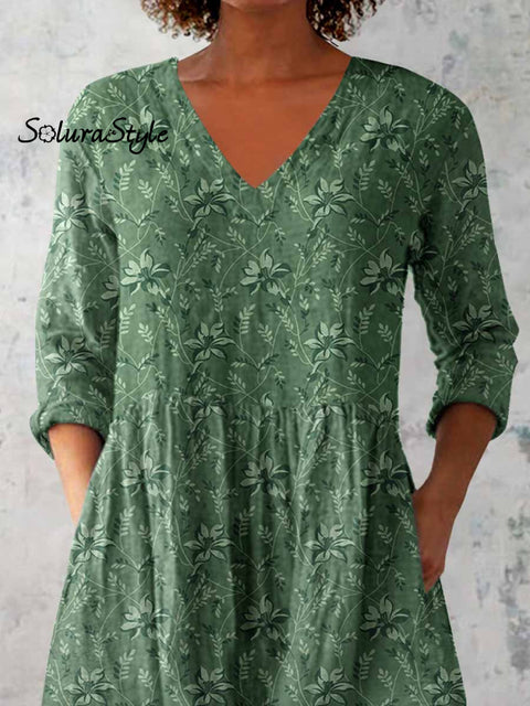 Women’s Elegant Floral Pattern Round Neck Cotton and Linen Top