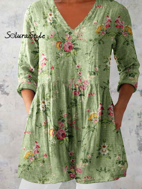 Women’s Elegant Floral Pattern Round Neck Cotton and Linen Top