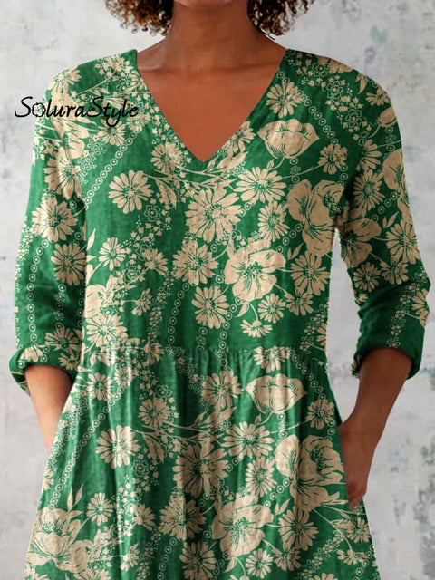 Women’s Elegant Floral Pattern Round Neck Cotton and Linen Top