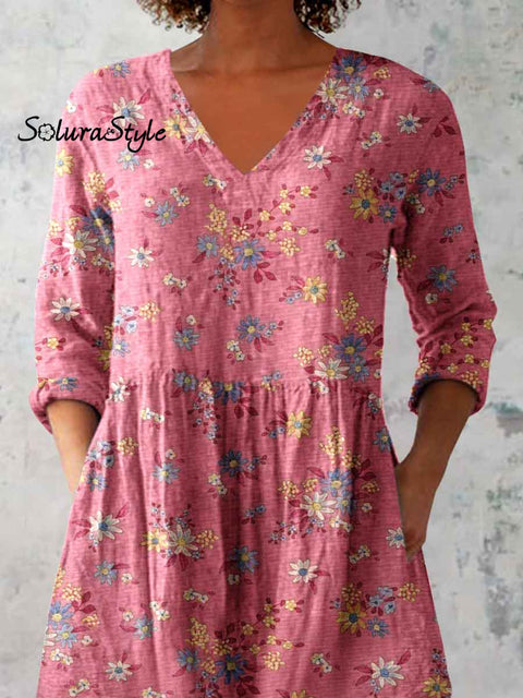 Women’s Elegant Floral Pattern Round Neck Cotton and Linen Top