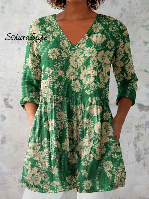 Women’s Elegant Floral Pattern Round Neck Cotton and Linen Top Green / S