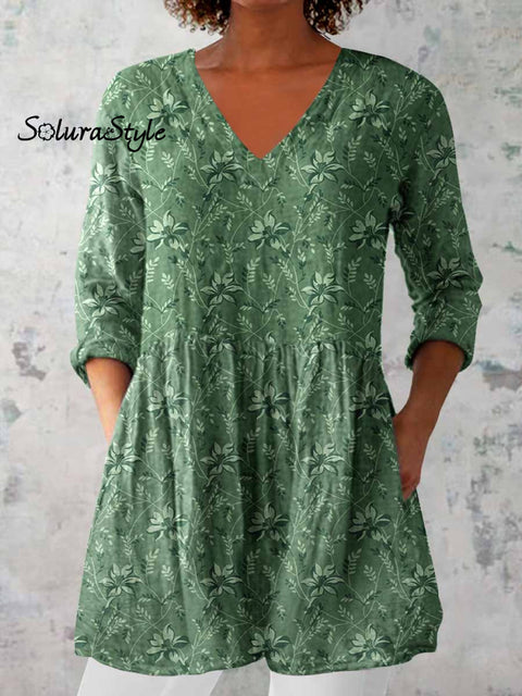 Women’s Elegant Floral Pattern Round Neck Cotton and Linen Top Green / S