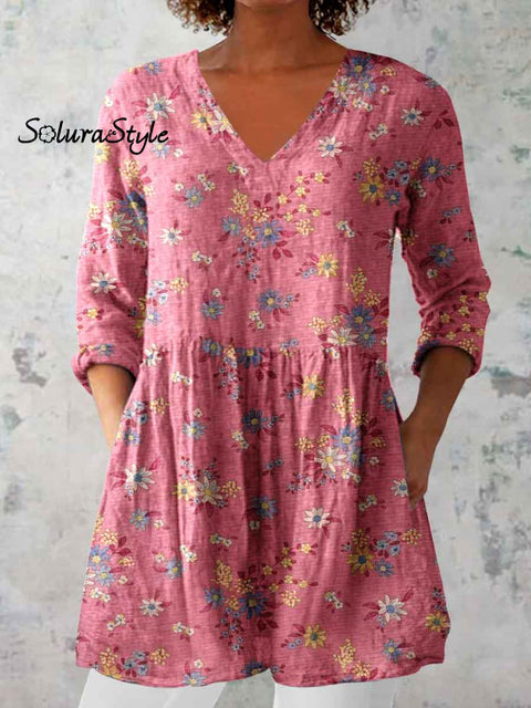 Women’s Elegant Floral Pattern Round Neck Cotton and Linen Top Pink / S