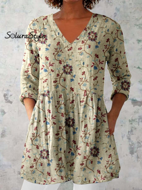 Women’s Elegant Floral Print Cotton and Linen Top