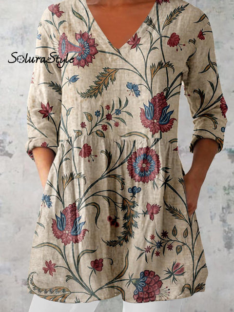 Women’s Elegant Floral Print Cotton and Linen Top