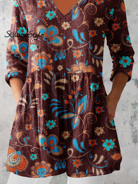 Women’s Elegant Floral Print Cotton and Linen Top
