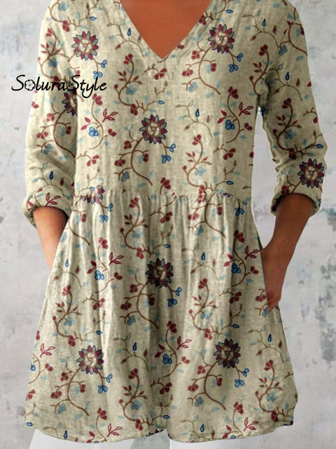 Women’s Elegant Floral Print Cotton and Linen Top
