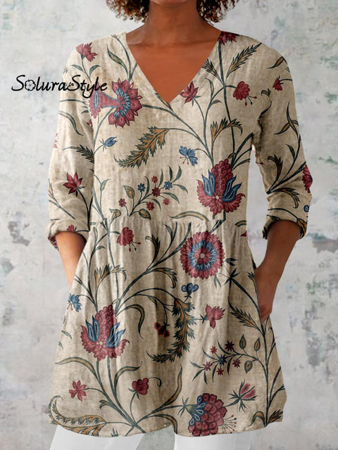 Women’s Elegant Floral Print Cotton and Linen Top Beige / S