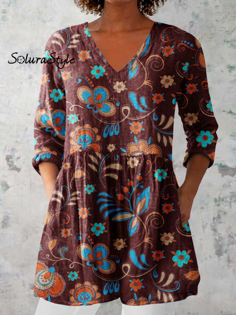 Women’s Elegant Floral Print Cotton and Linen Top Brown / S