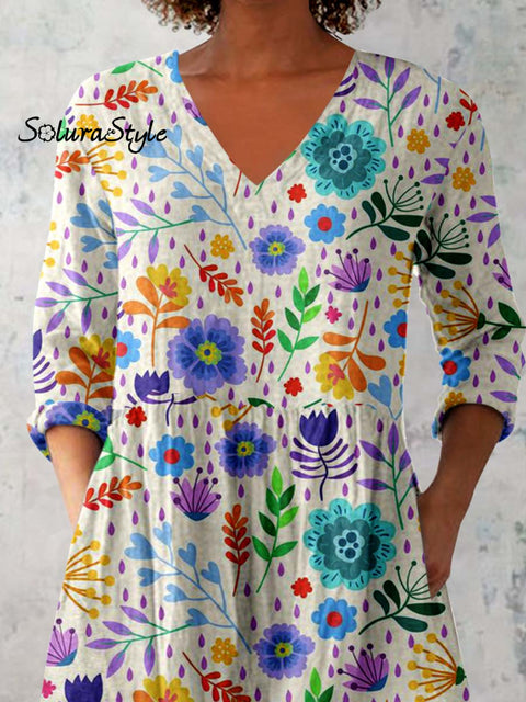 Women’s Elegant Floral Print Pattern Cotton and Linen Top