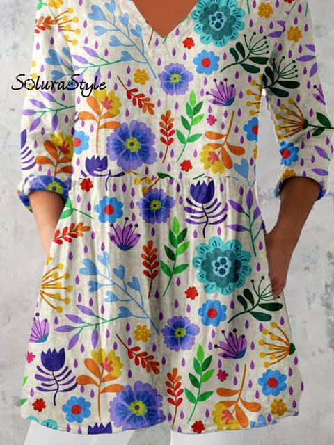 Women’s Elegant Floral Print Pattern Cotton and Linen Top