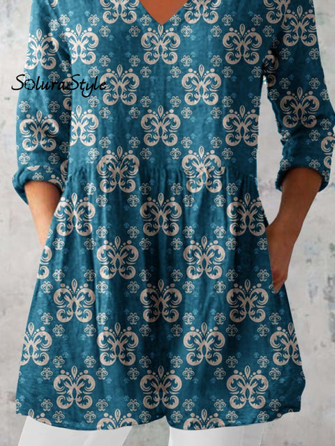 Women’s Elegant Floral Print Pattern Cotton and Linen Top