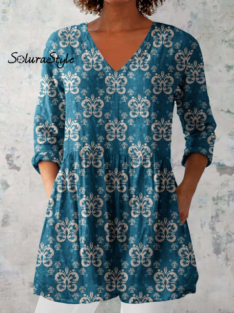 Women’s Elegant Floral Print Pattern Cotton and Linen Top Blue / S