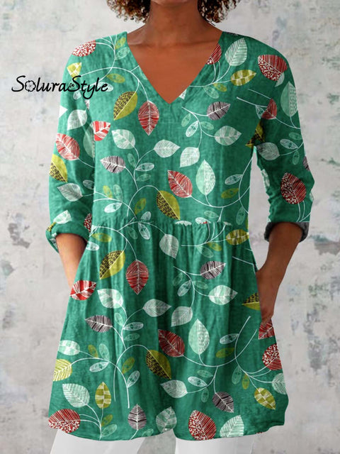 Women’s Elegant Floral Print Pattern Cotton and Linen Top Green / S