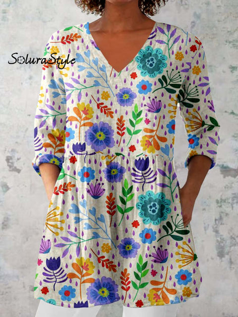 Women’s Elegant Floral Print Pattern Cotton and Linen Top White / S