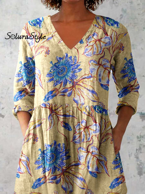 Women’s Elegant Floral Print V-Neck Cotton and Linen Top