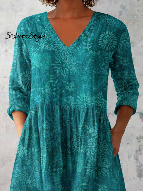 Women’s Elegant Floral Print V-Neck Cotton and Linen Top