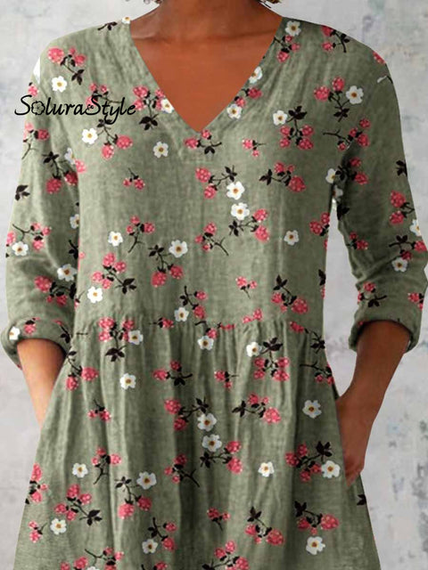 Women’s Elegant Floral Print V-Neck Cotton and Linen Top