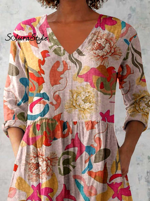 Women’s Elegant Floral Print V-Neck Cotton and Linen Top