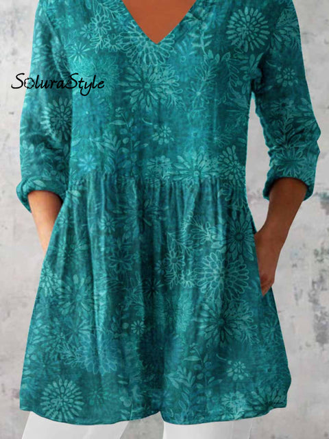 Women’s Elegant Floral Print V-Neck Cotton and Linen Top