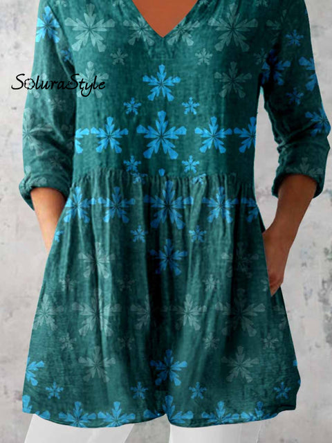 Women’s Elegant Floral Print V-Neck Cotton and Linen Top