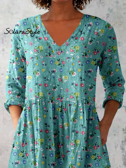 Women’s Elegant Floral Print V-Neck Cotton and Linen Top