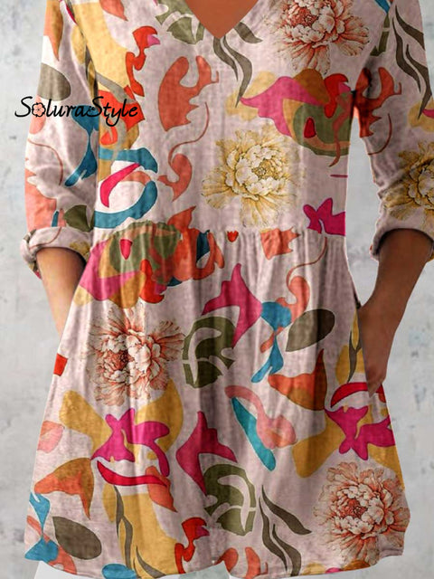 Women’s Elegant Floral Print V-Neck Cotton and Linen Top