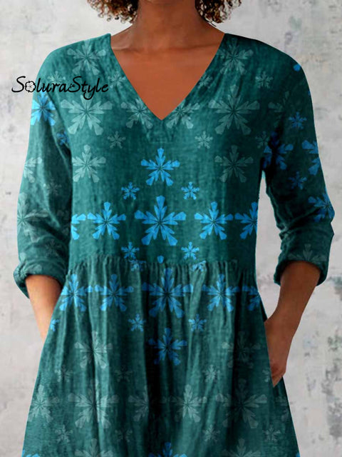 Women’s Elegant Floral Print V-Neck Cotton and Linen Top