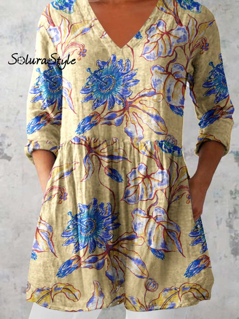 Women’s Elegant Floral Print V-Neck Cotton and Linen Top
